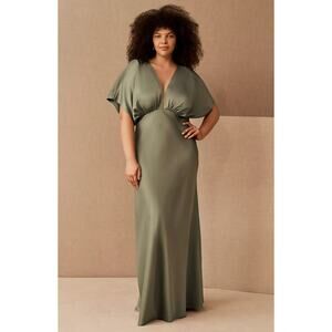 Anthropologie BHLDN Leila Deep-V Flutter-Sleeve Satin A-Line Gown 18W Moss